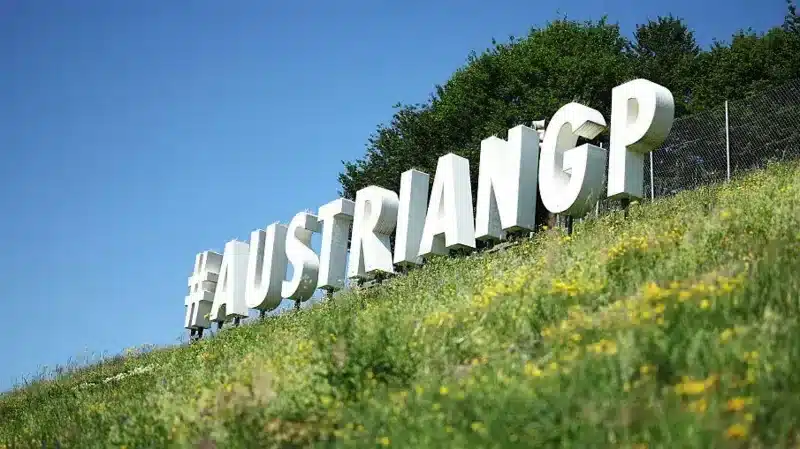 A sign at the Red Bull Ring that reads 'AustrianGP'