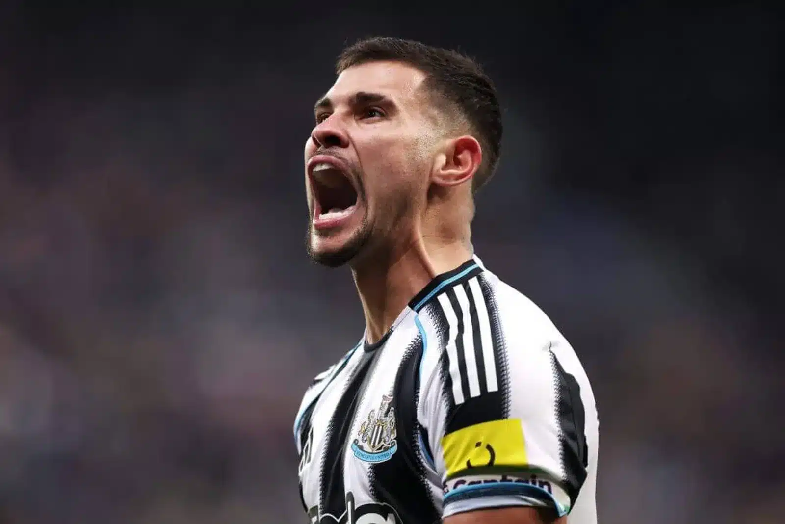 Bruno Guimaraes, wearing Newcastle's black and white striped home shirt, shouts with his mouth wide open