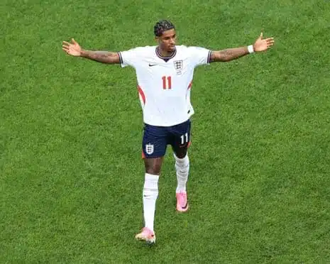 Marcus Rashford gestures with both arms out during England's game against Ghana