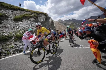 Tadej Pogacar climbs the Galibier pass ahead of Remco Evenepoel and France’s Paul Seixas on Saturday’s stage to Alpe d’huez.
