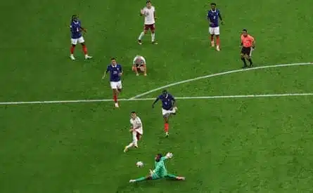 Pedro Porro calmly slots in the second goal to put the game beyond France’s reach.