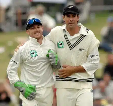 New Zealand’s Brendon McCullum (left) and Stephen Fleming celebrate the wicket of England’s Andrew Strauss in the third Test at McLean Park in Napier in March 2008.
