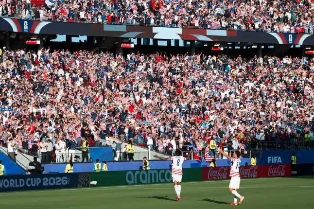 Mandatory Credit: Photo by Kai River Kanzer/ZUMA Press Wire/Shutterstock (16973781a) Americans WESTON MCKENNIE (8) and SEBASTIAN BERHALTER (14) celebrate with fans during the World Cup 2026 round of 32 soccer match between the United States and Bosnia and Herzegovina in Santa Clara, California, USA. Sports News, Glenwood Springs, Colorado, USA - 01 Jul 2026