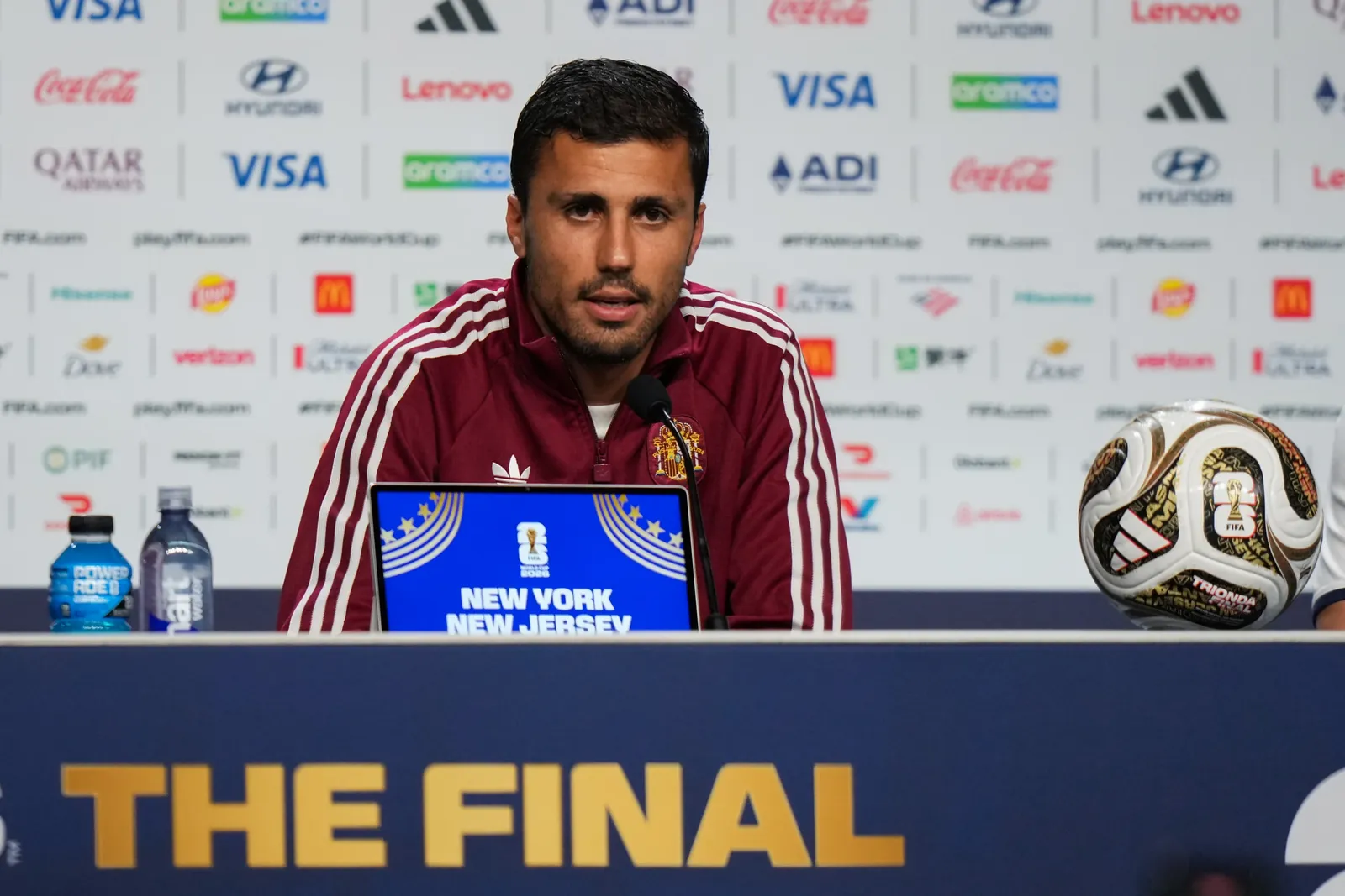 Spain's Rodri speaks during a news conference ahead of the World Cup final soccer match between Spain and Argentina in New York, Friday, July 17, 2026. (AP Photo/Stephanie Scarbrough)