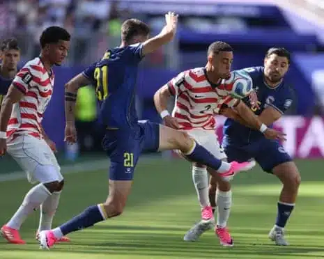 Sergino Dest is challenged by Stjepan Radeljic and Sead Kolasinac as USA v Bosnia and Herzegovina gets under way in Santa Clara.