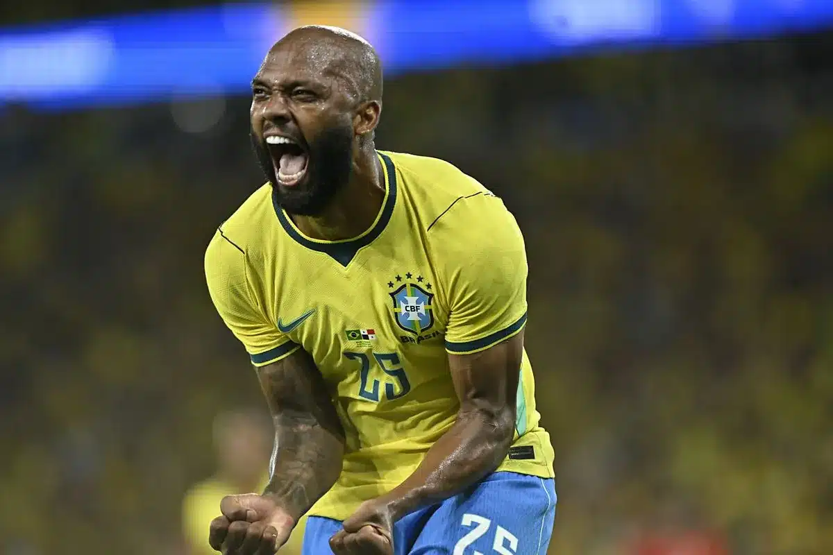Igor Thiago celebrates after scoring a goal for Brazil