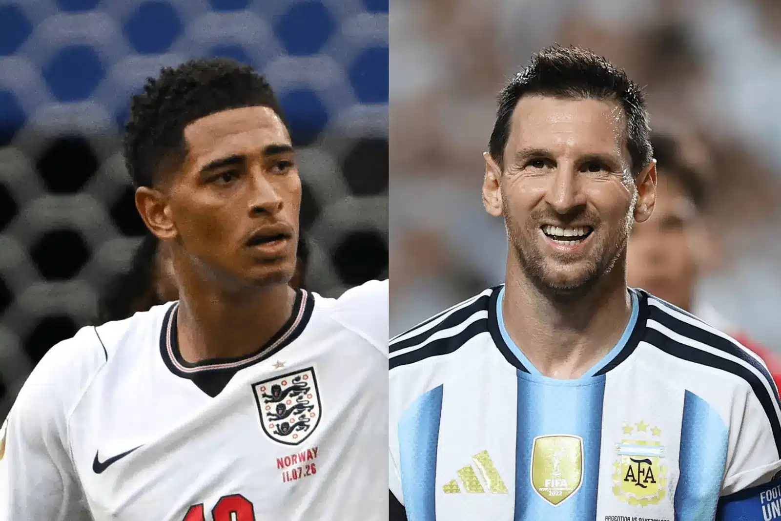 A split image of England's Jude Bellingham and Argentina's Lionel Messi
