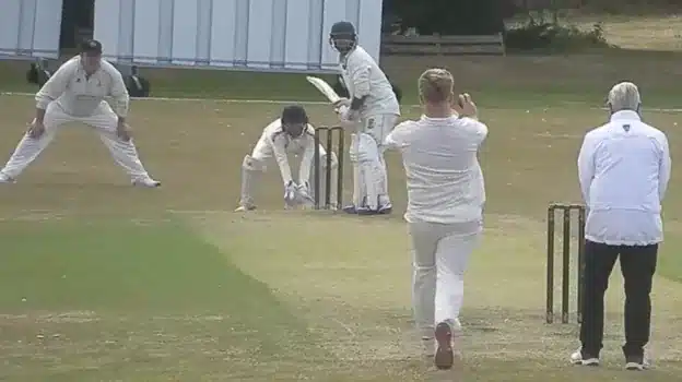 A screenshot of a ball about to be bowled during Saltburn's second XI match against Norton on Saturday