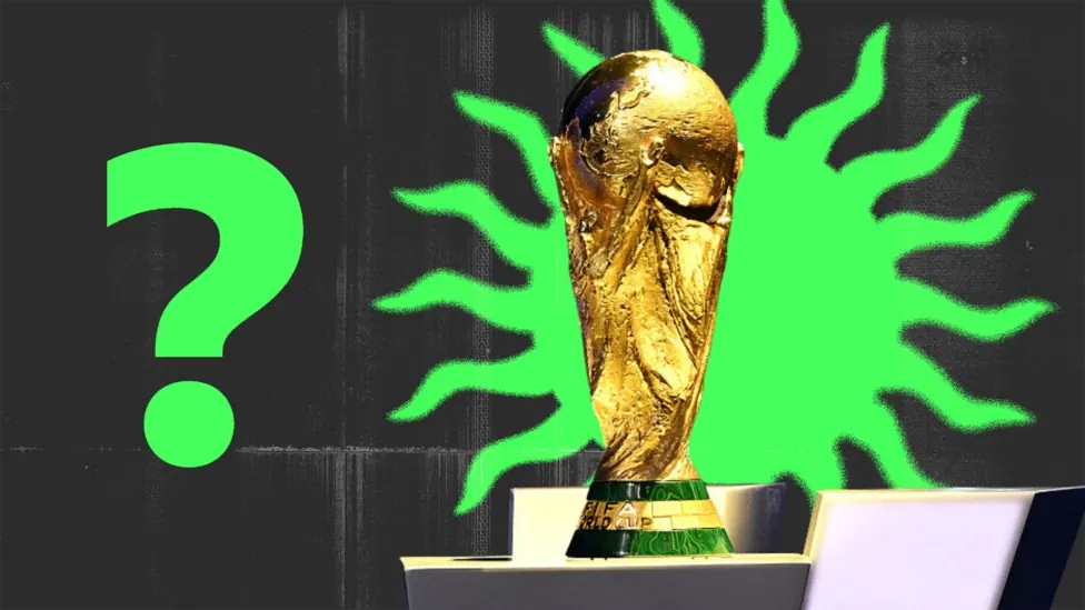 A photo of the World Cup trophy and a green question mark overlayed onto the picture