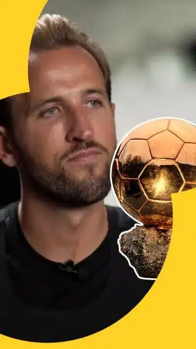 Harry Kane appears to look towards a cut-out of the Ballon d'Or, in a composite image