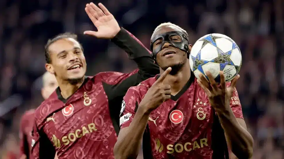 Galatasaray's Leroy Sane (left) and Victor Osimhen (right) celebrate the latter's goal against Ajax in the Champions League