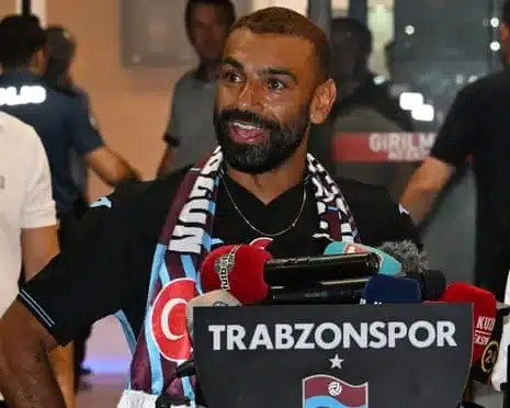 Mohamed Salah speaks to the media after arriving at Trabzon airport on Wednesday